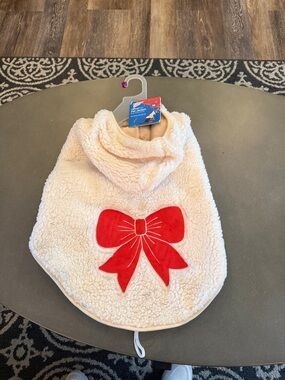 Cream Sherpa Dog Hoodie with Red Bow Accent
